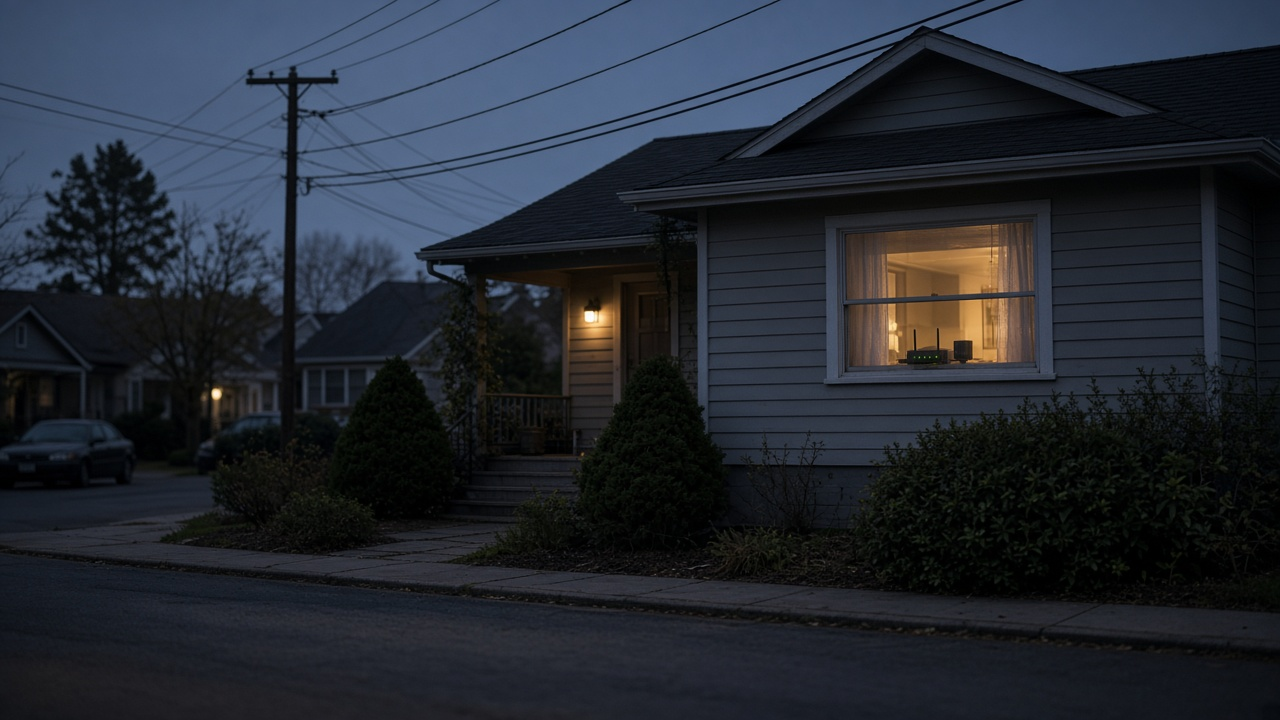 Street scene with utility lines and a home router glowing in a front window at dusk