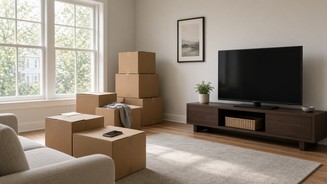 Moving boxes stacked in a bright new living room with a TV on a stand and a phone resting on a box, daylight through windows, no logos or readable text