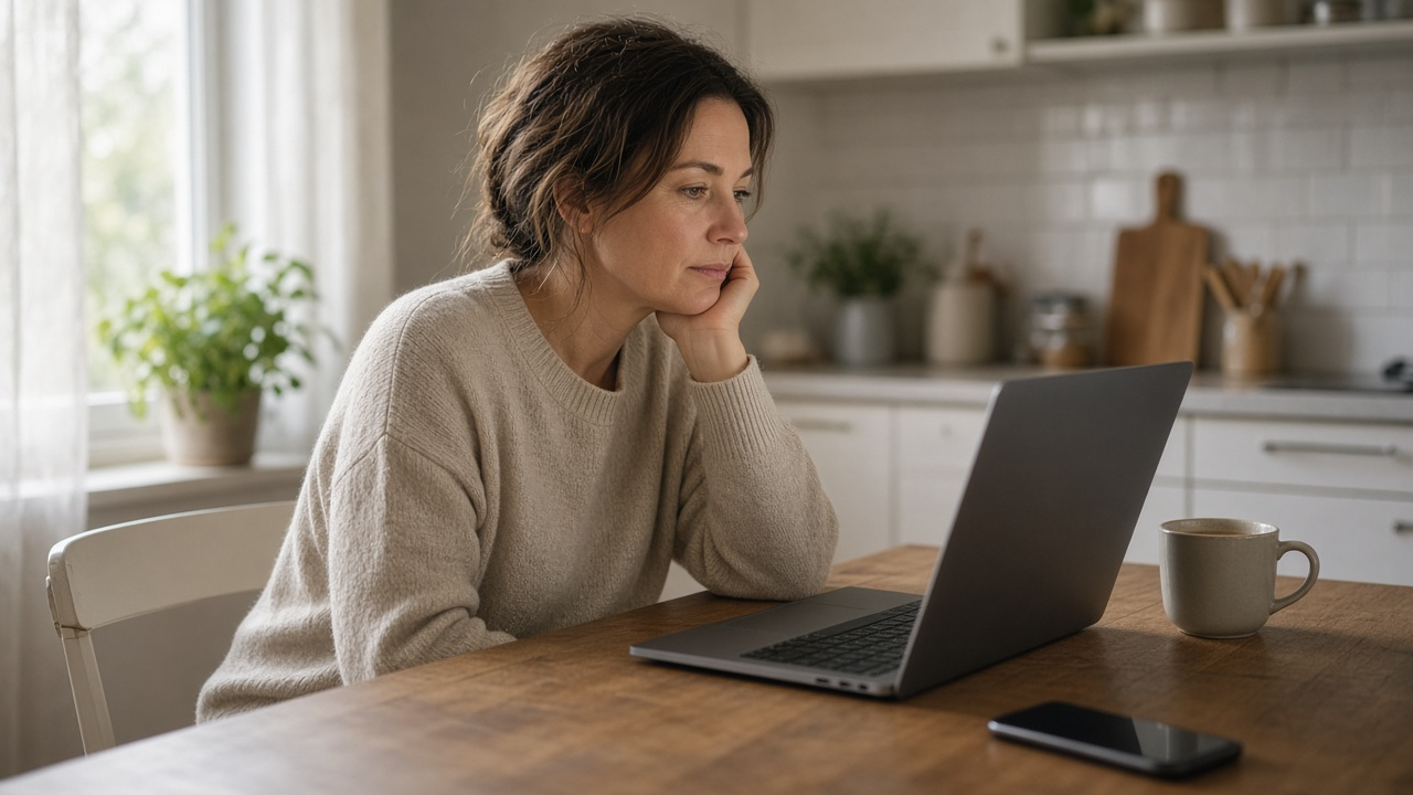 Person at a kitchen table looking at a laptop with a cup of coffee and a phone beside it, soft morning light, screen not readable, no logos