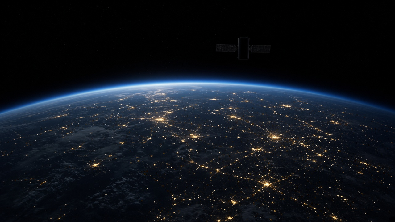 Earth’s curved horizon from low orbit with a thin blue atmosphere and city lights below