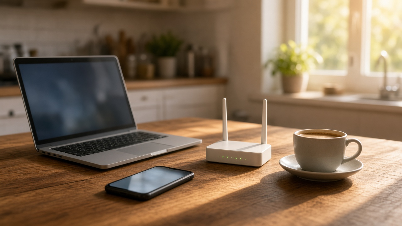 Laptop and smartphone on a kitchen table next to a home Wi-Fi router, morning light, screens softly blurred, no logos or readable text