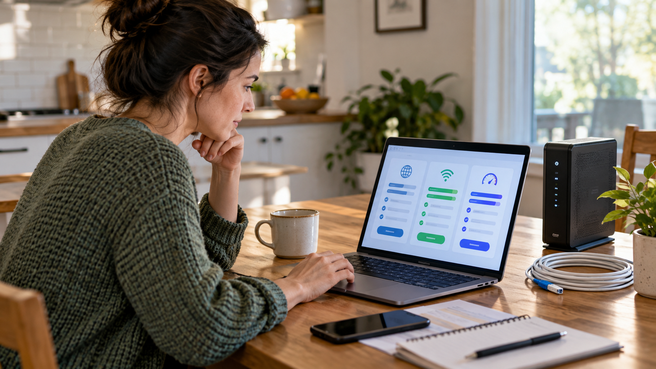 Person comparing internet plans on a laptop at a desk with a notepad and a Wi-Fi router in the background