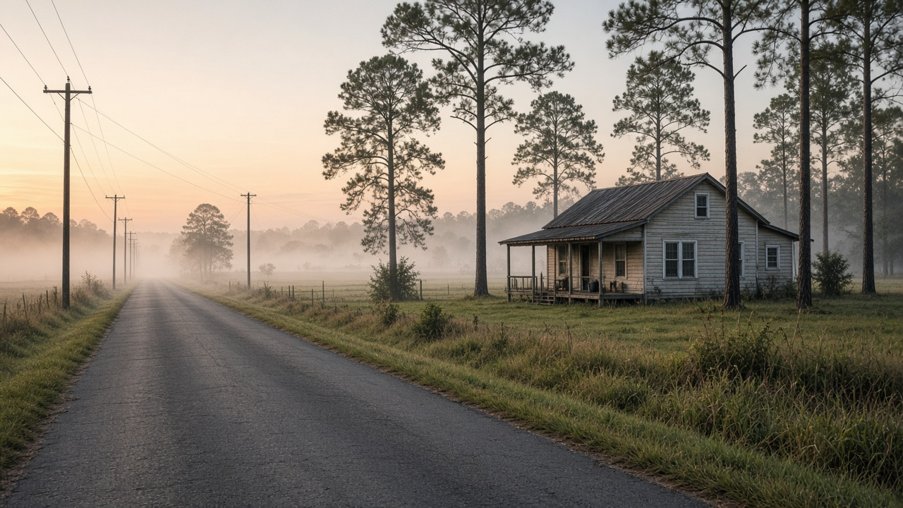 Rural northwest Louisiana road at dawn with a farmhouse, pine trees and new utility lines