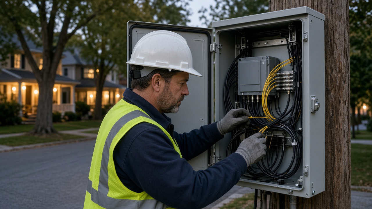 Cable technician working on a neighborhood fiber-coax node cabinet at dusk