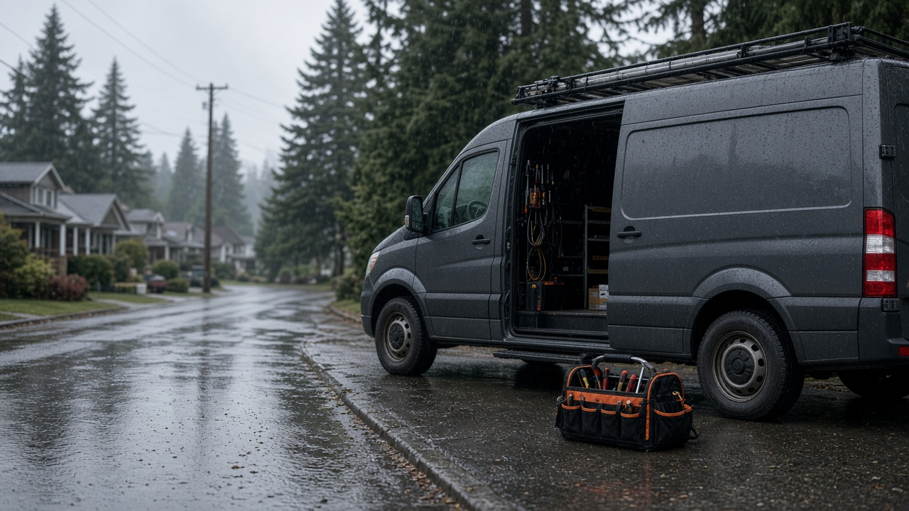 Gray service van with an open side door parked on a rainy Pacific Northwest residential street lined with evergreen trees