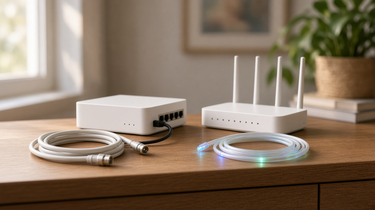 White cable modem and Wi-Fi router on a wooden shelf with coaxial and fiber cables in morning light