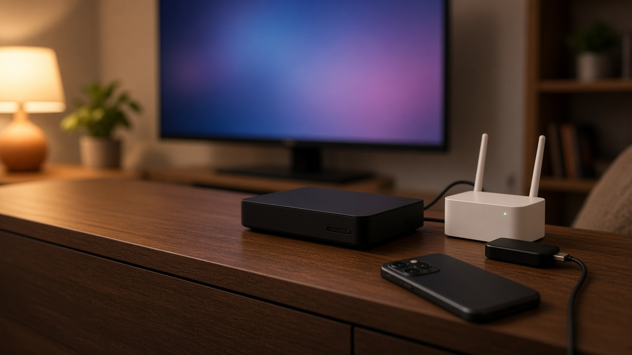 Living room with a TV showing a soft gradient screen, a white cable modem and a remote on a wooden console in evening light, no logos or text