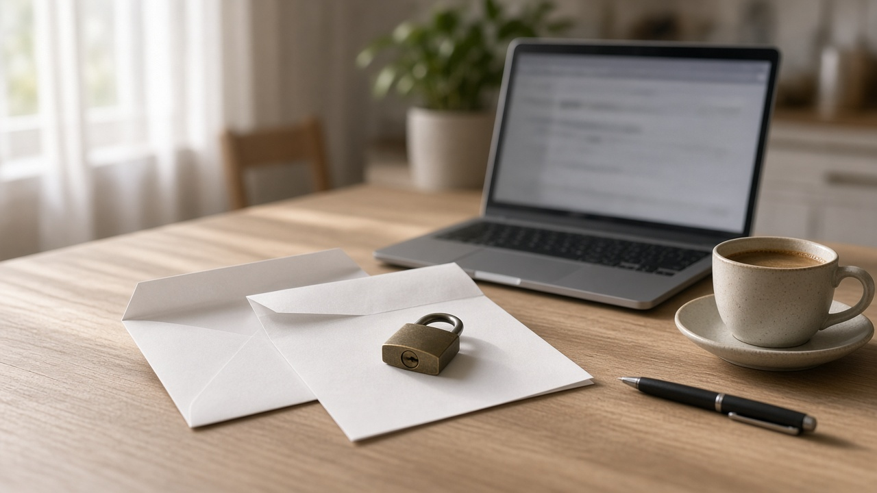 Opened plain envelopes with a small brass padlock on a kitchen table beside a laptop and coffee cup, no logos or readable text