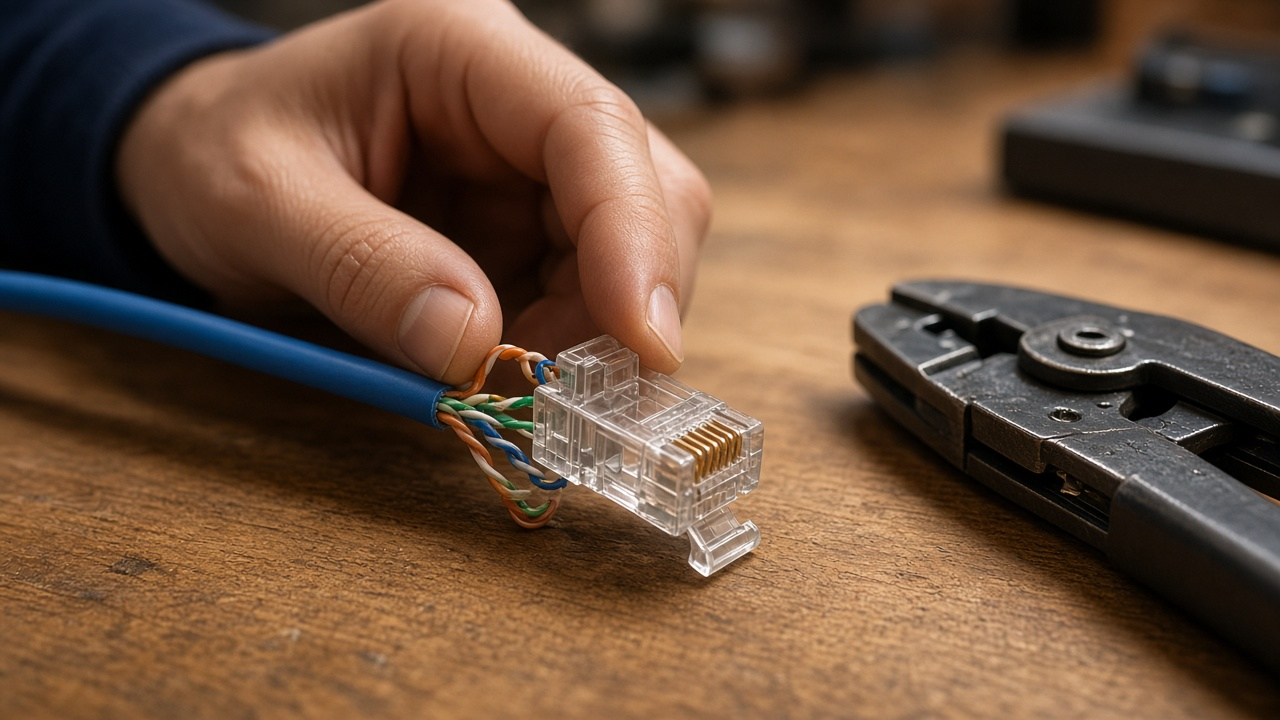 Close-up of an RJ45 connector and color-coded Cat6 pairs being terminated on a wooden workbench with a crimping tool nearby