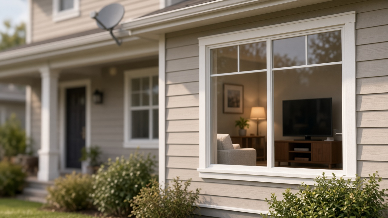 Satellite dish on a house exterior softly blurred beside a living-room streaming device on a TV stand
