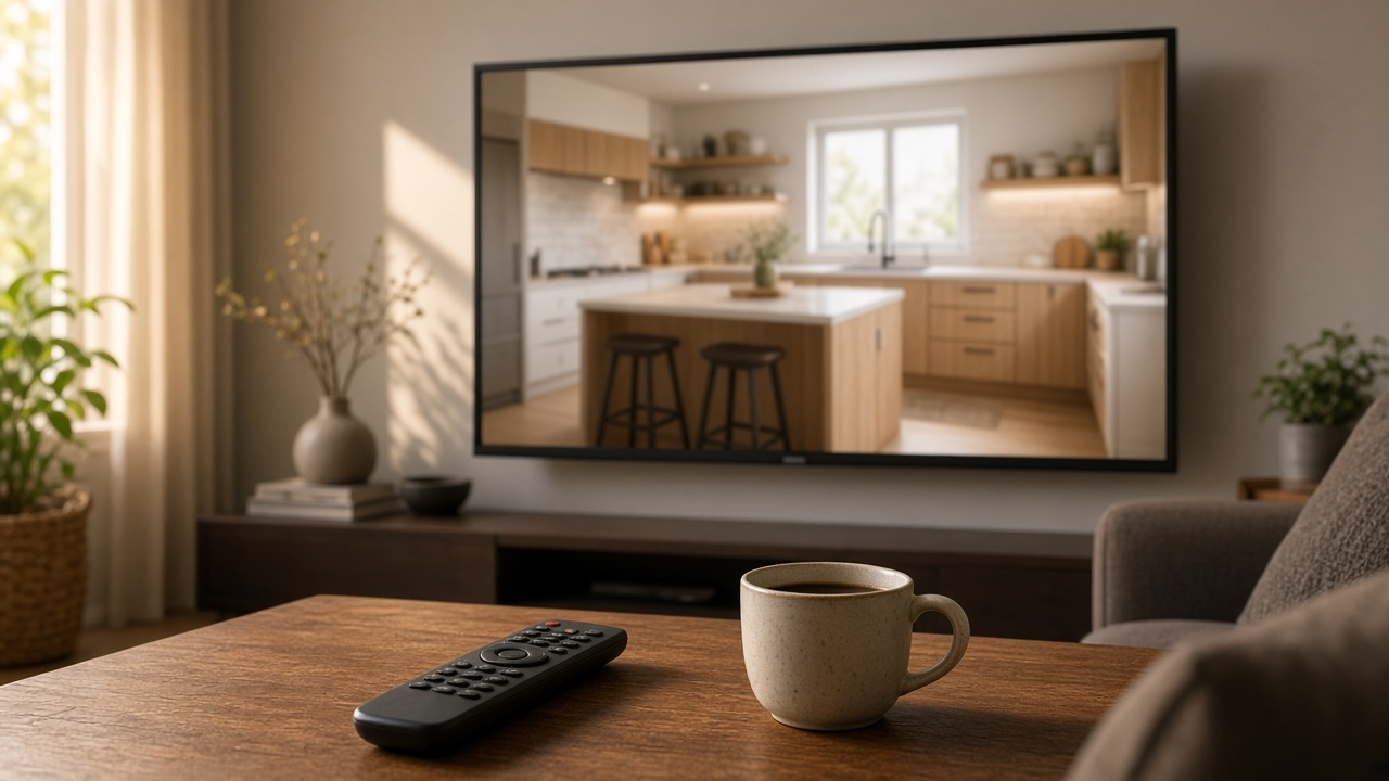 Living room television, remote control and coffee cup ready for streaming