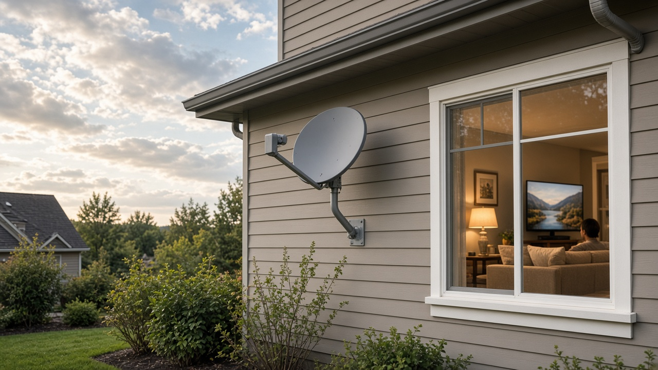 Satellite TV dish mounted on the side of a suburban house under a partly cloudy sky