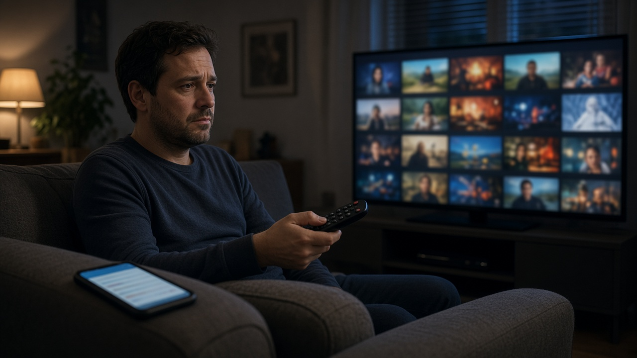 Person on a couch holding a remote, weighing streaming options on a TV at night