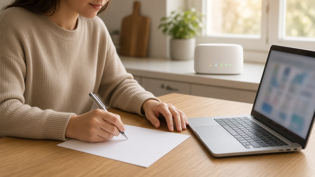 Person at a kitchen table reviewing a paper bill next to a laptop and a home Wi-Fi router