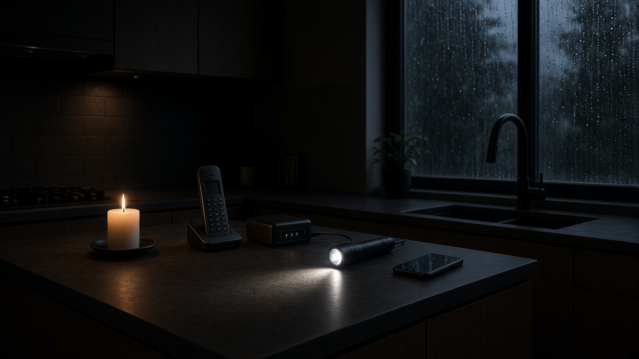 Corded home phone and a small battery backup unit on a kitchen counter lit by a lantern during a power outage, rain on the window, no logos