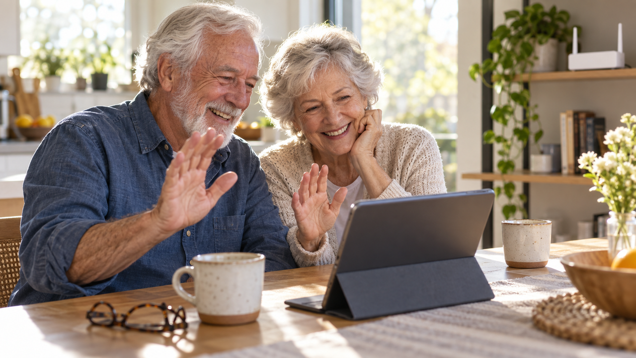 Older couple video-calling family on a tablet at a kitchen table with a router on the shelf behind them