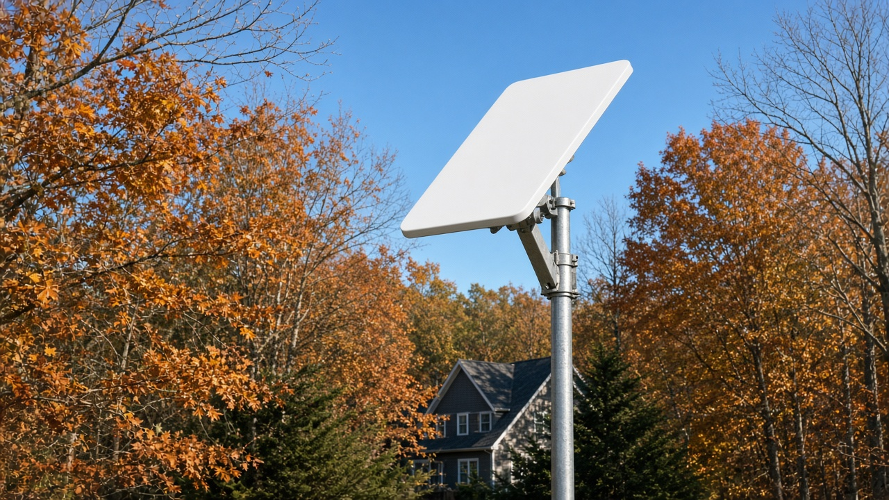 Rectangular satellite dish on a tall pole mount above a wooded backyard, autumn trees around a rural house