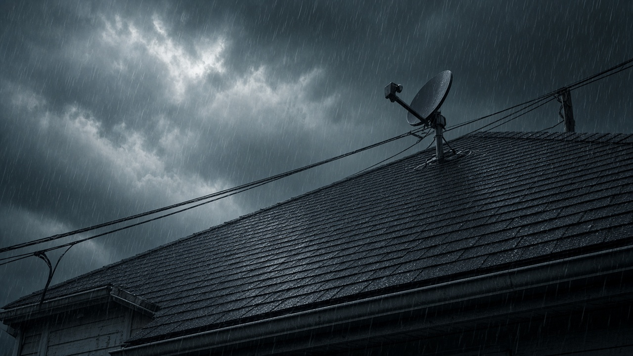 A rainy suburban street at dusk seen from a covered porch, with utility lines on wooden poles, a satellite dish on a neighbor's roof and a laptop on a porch table