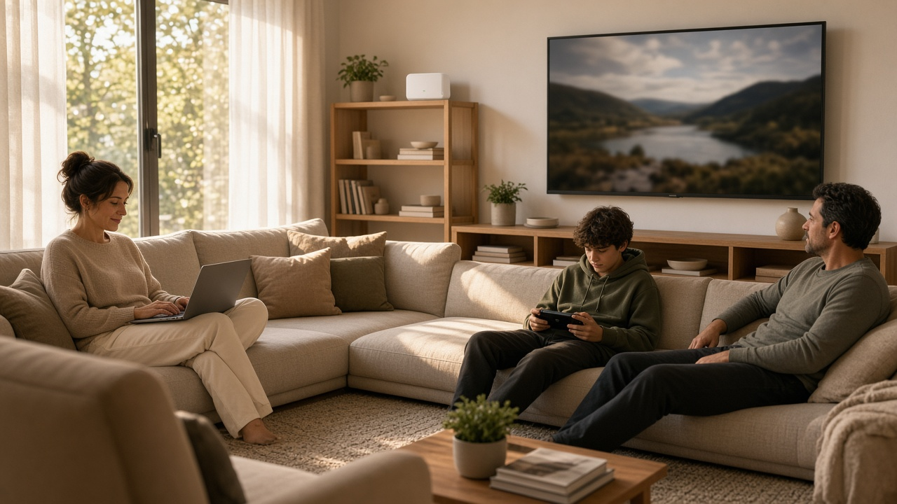 Home internet gateway and laptop in a comfortable living room