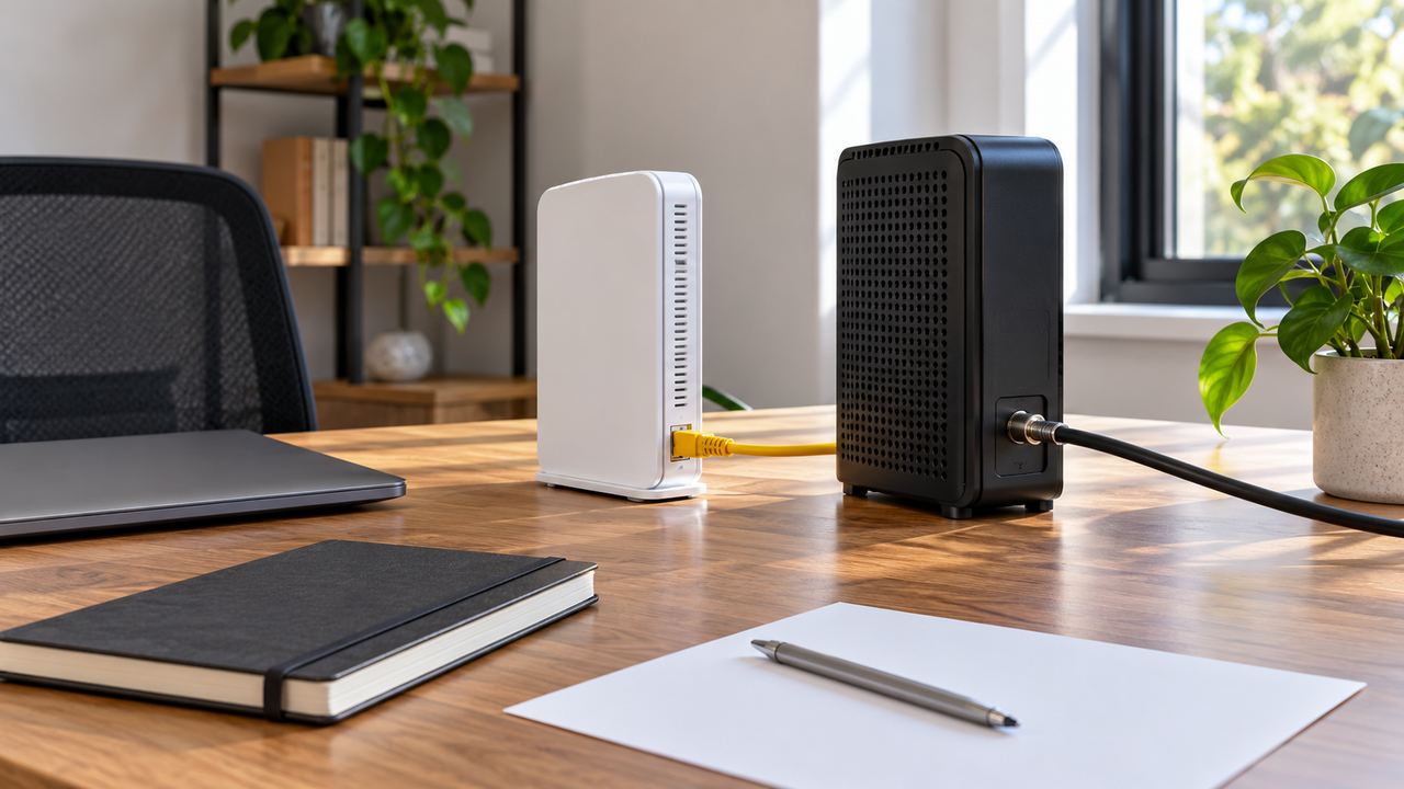 Unbranded fiber and cable internet equipment on an empty home office desk
