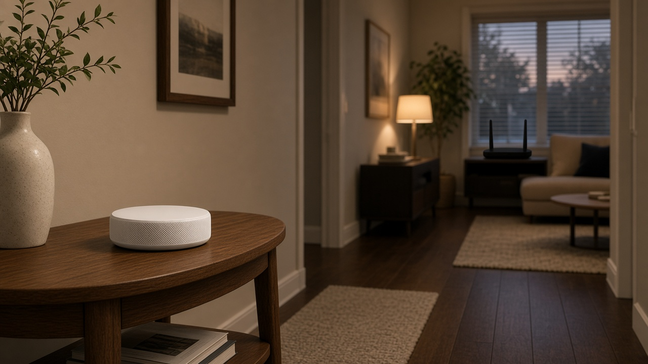 A small white mesh Wi-Fi unit on a hallway console table in a bright two-story home, with a teen on a laptop on the stairs and a parent on a tablet in the living room