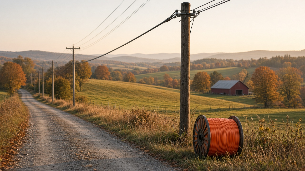 Orange fiber-optic cable reel beside a rural road in autumn