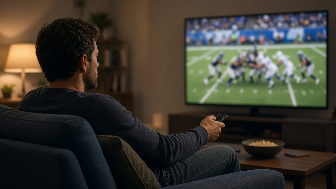 Sports fan on a couch watching a blurred football game on a large TV with a remote in hand, evening lamp light, no logos or readable text