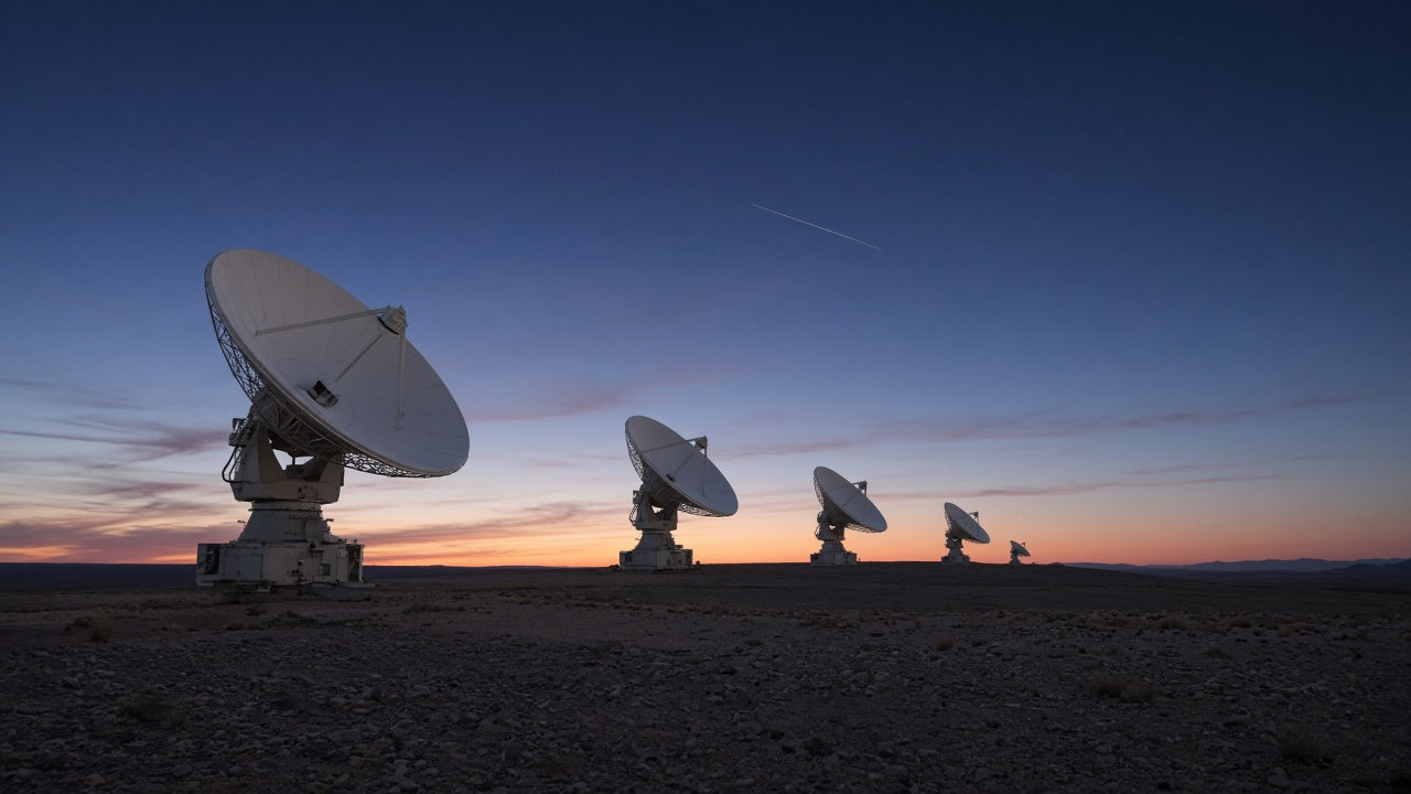 Satellite ground station dishes pointed at a dusk sky on a desert plateau