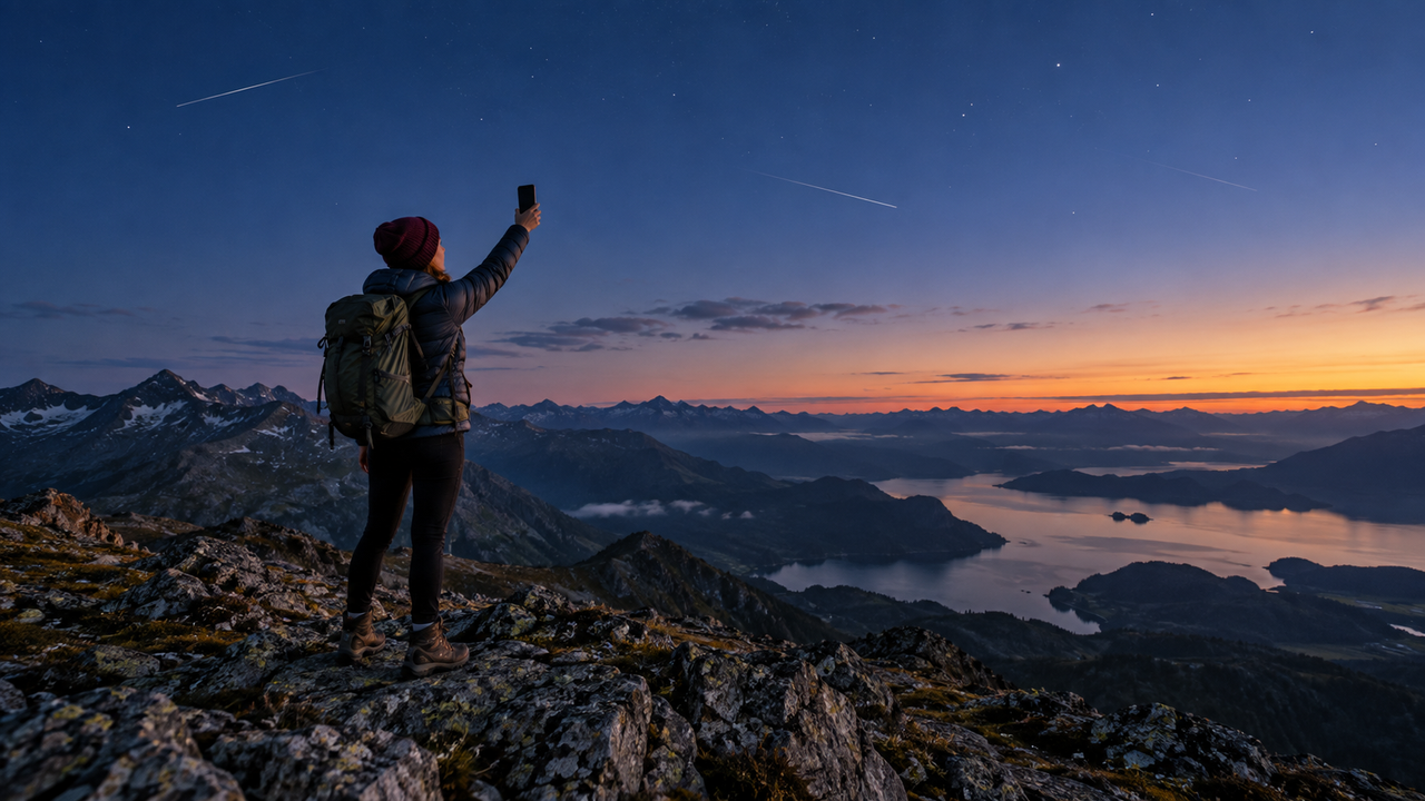 Hiker on a remote mountain ridge at dusk holding up a smartphone toward a clear sky streaked with faint satellite trails