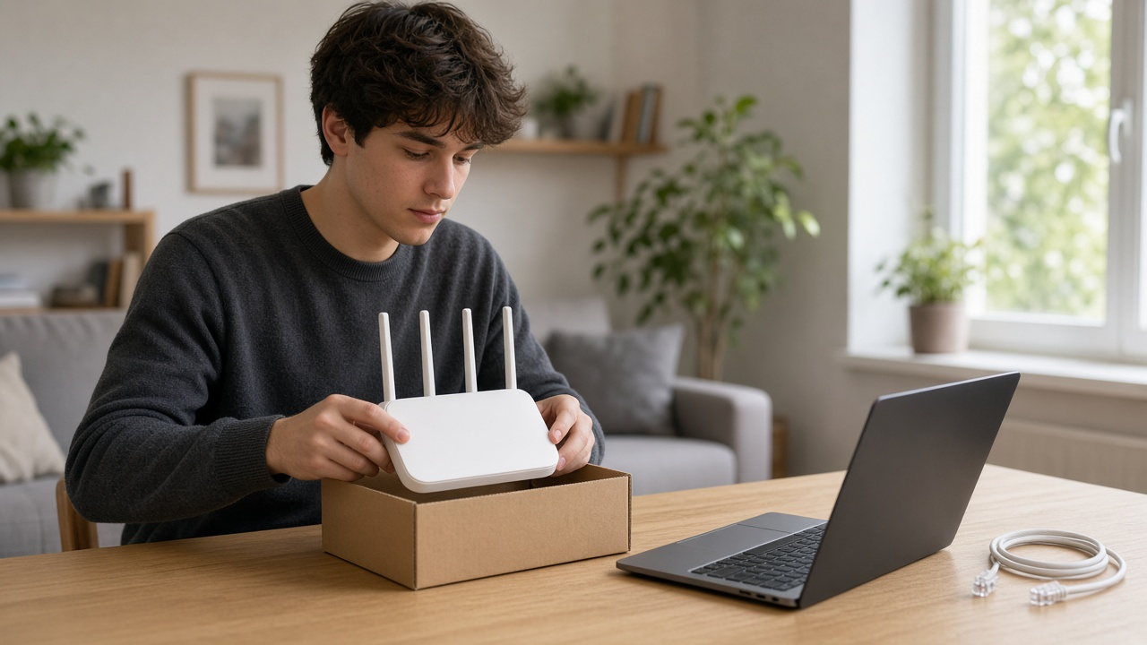 Person at a home desk unboxing a new white Wi-Fi router from a plain cardboard box next to a laptop
