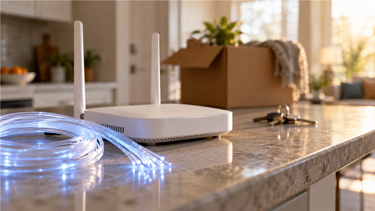 Fiber optic cable spool and a home router on a kitchen counter with a moving box in the background, suggesting change