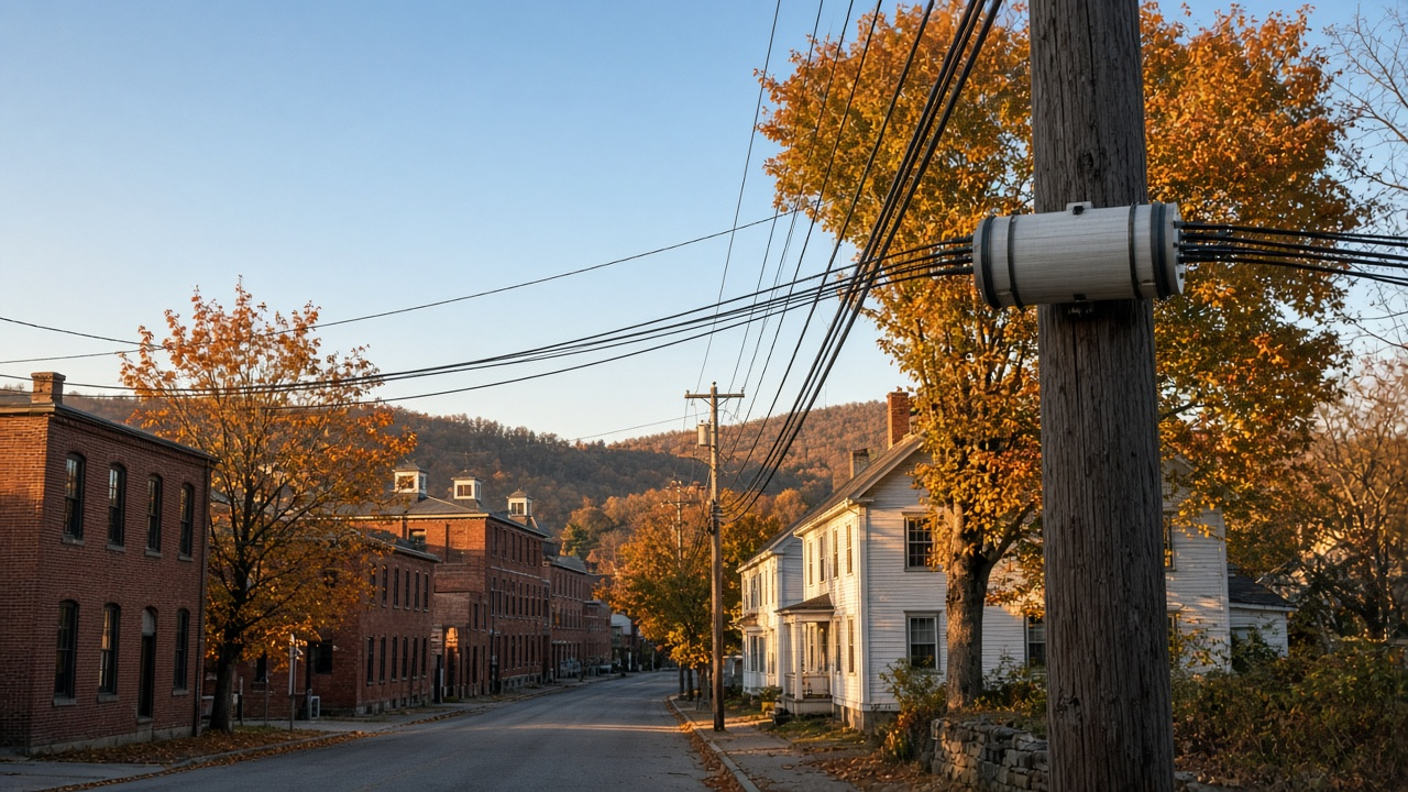 Fiber installer in a hard hat on a bucket lift at a utility pole above a quiet New England street with brick buildings and autumn trees, no logos