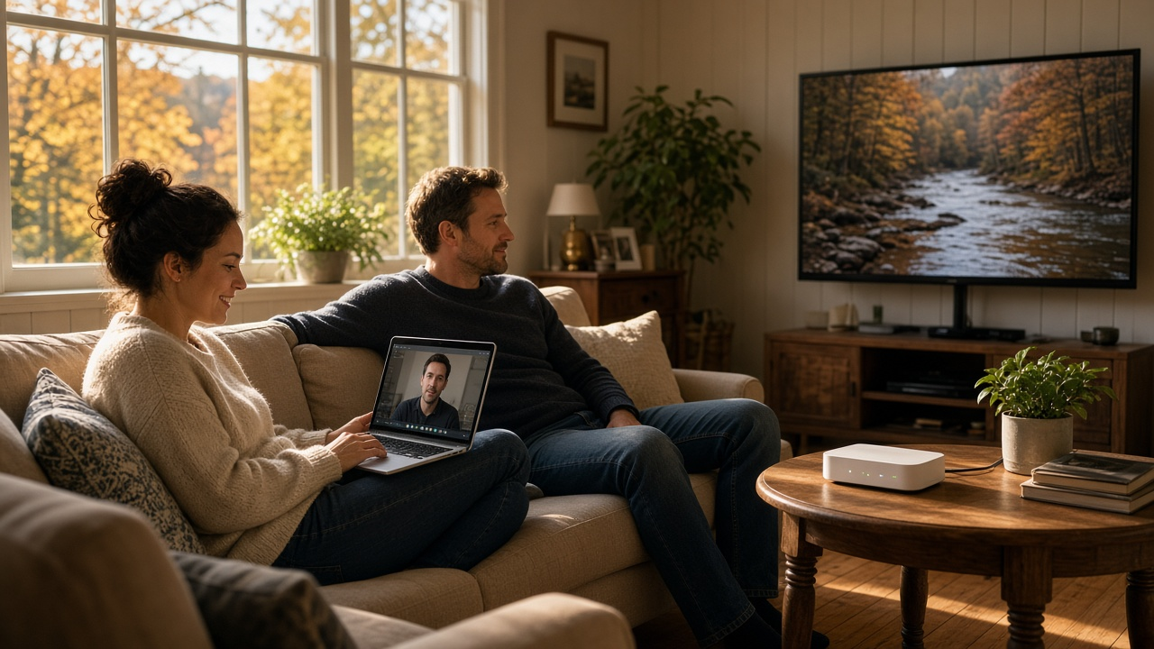 Couple using a laptop and TV in a living room with a home Wi-Fi router
