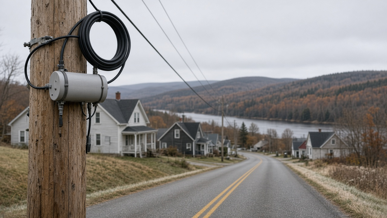 Fiber optic cable on utility poles along a snowy northern Maine road with a small town and the St. John River valley behind