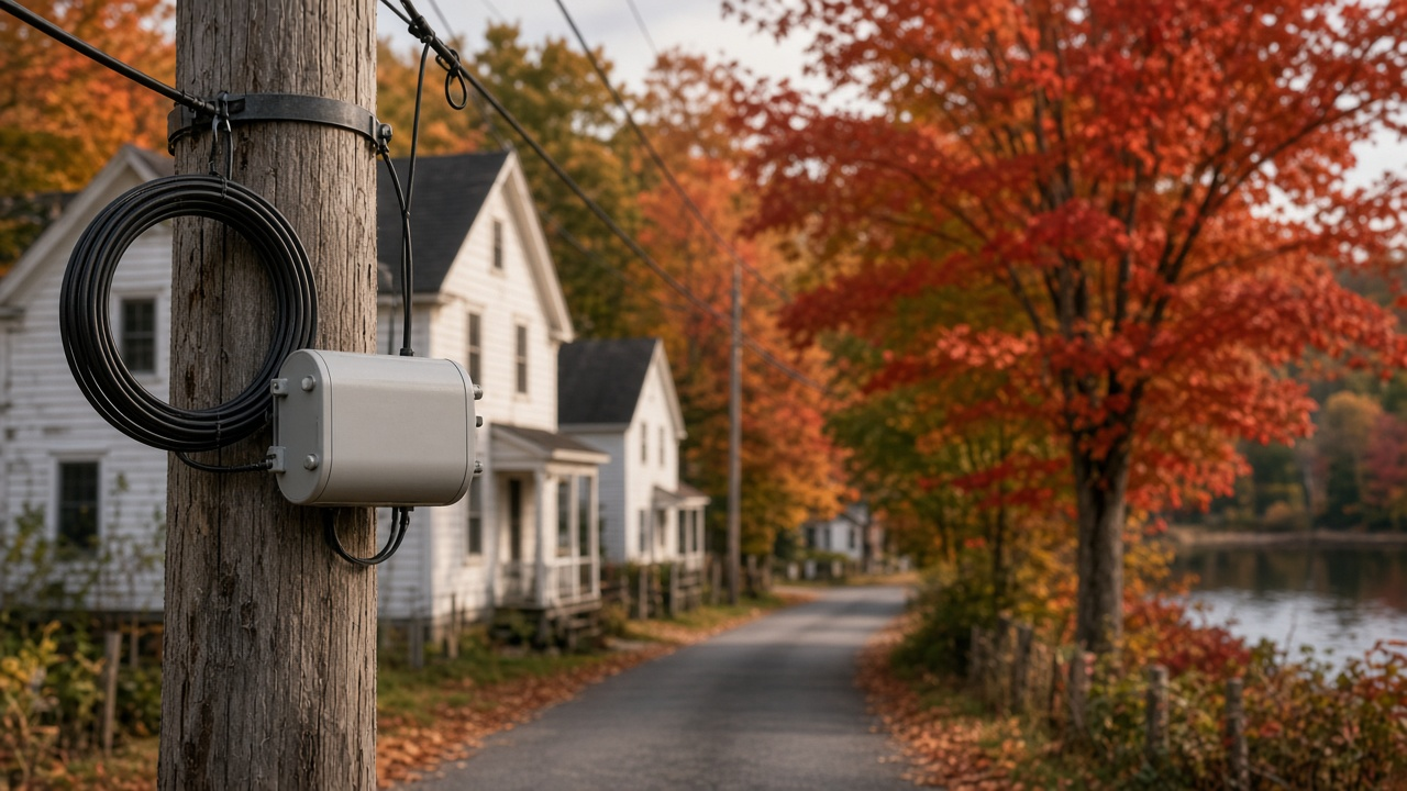 Fiber optic cable on a utility pole along a New Hampshire village road with autumn foliage and a lake in the distance