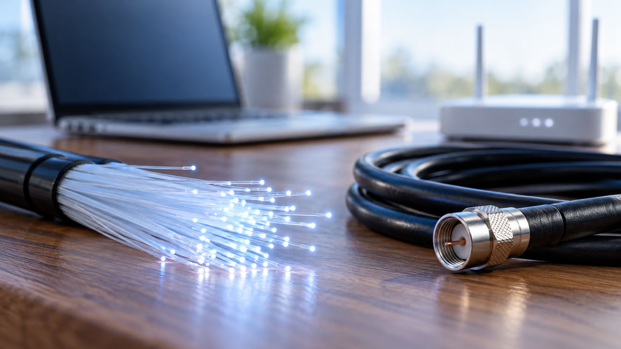 Fiber optic cable with glowing light strands beside a coaxial cable on a wooden desk with a laptop