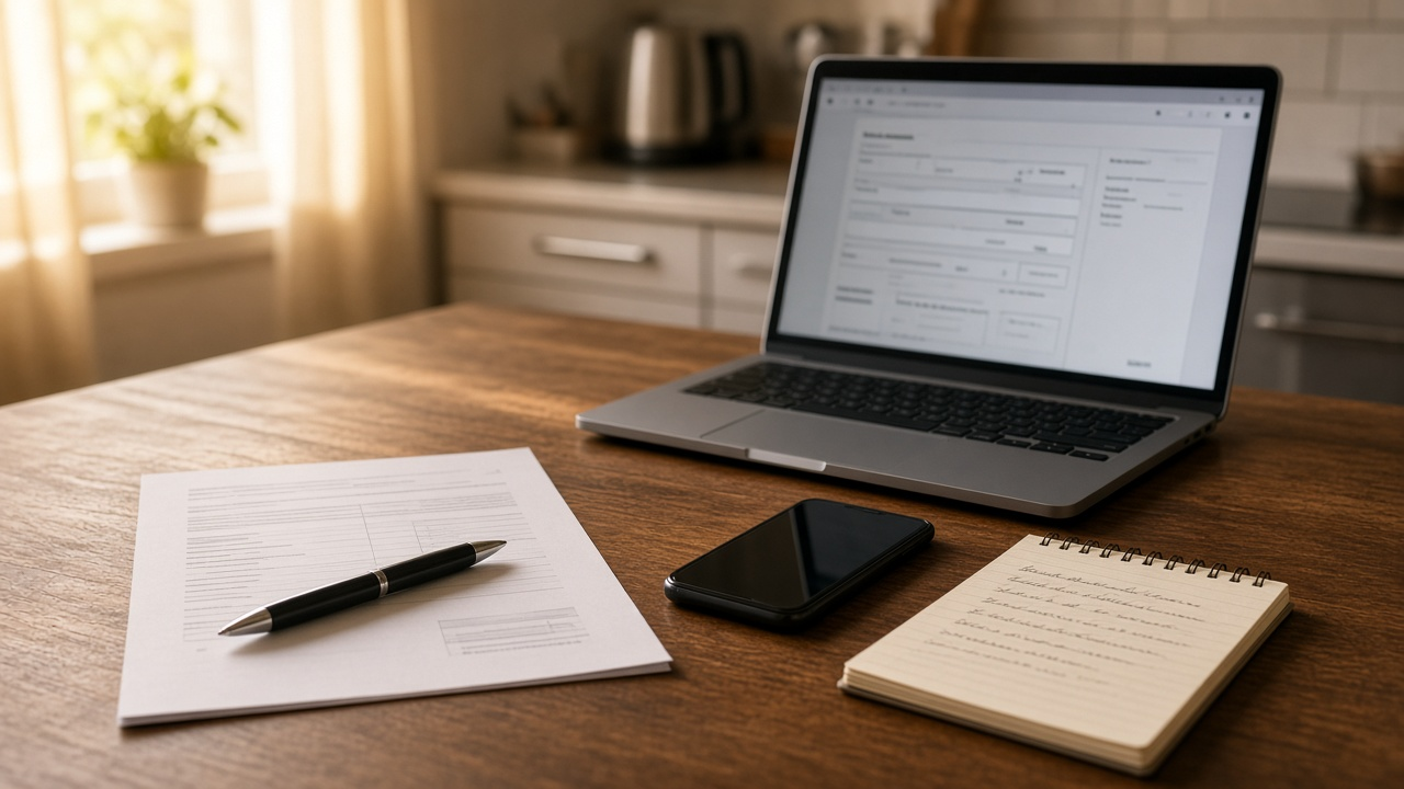 Kitchen table with a printed internet bill, a laptop showing a blurred online form and a phone with notes, morning light, no logos or readable text