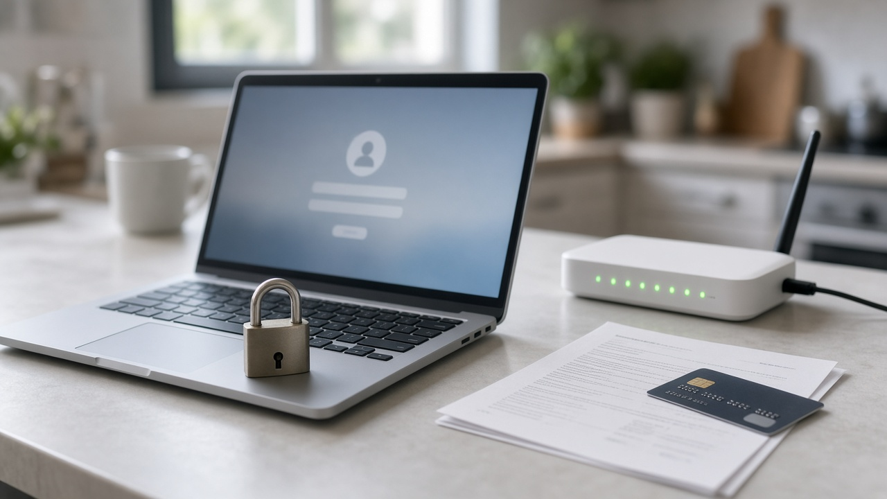 Laptop on a kitchen table showing a blurred account login screen next to a padlock and a home internet router