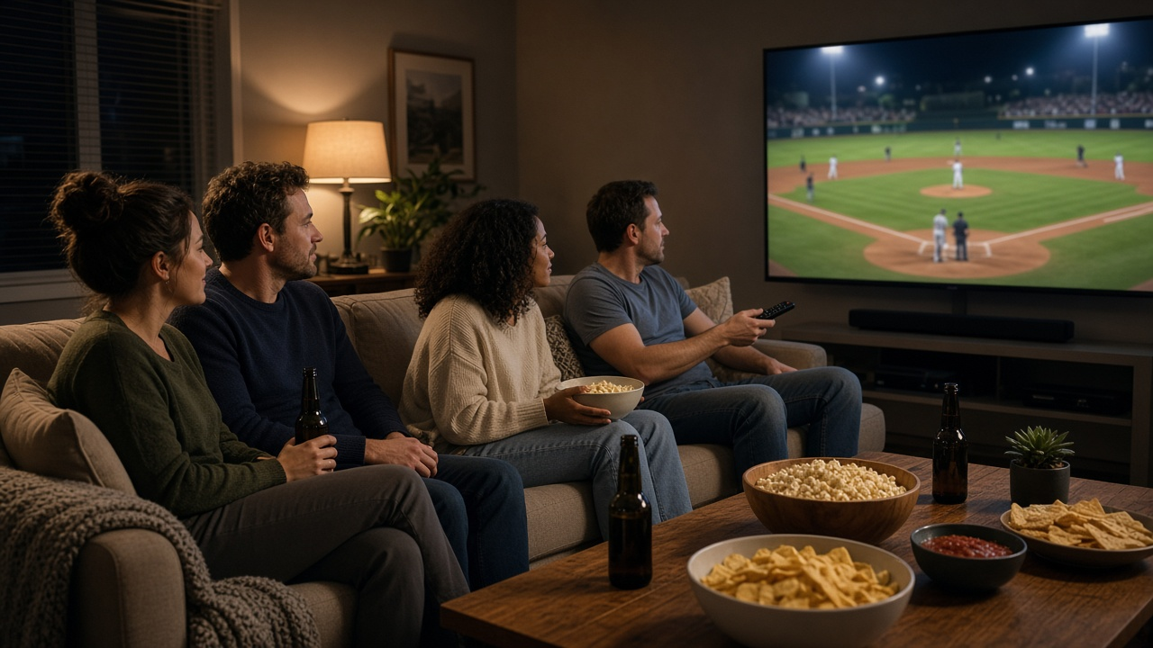 Fans watching a baseball game on a large TV in a cozy living room at night