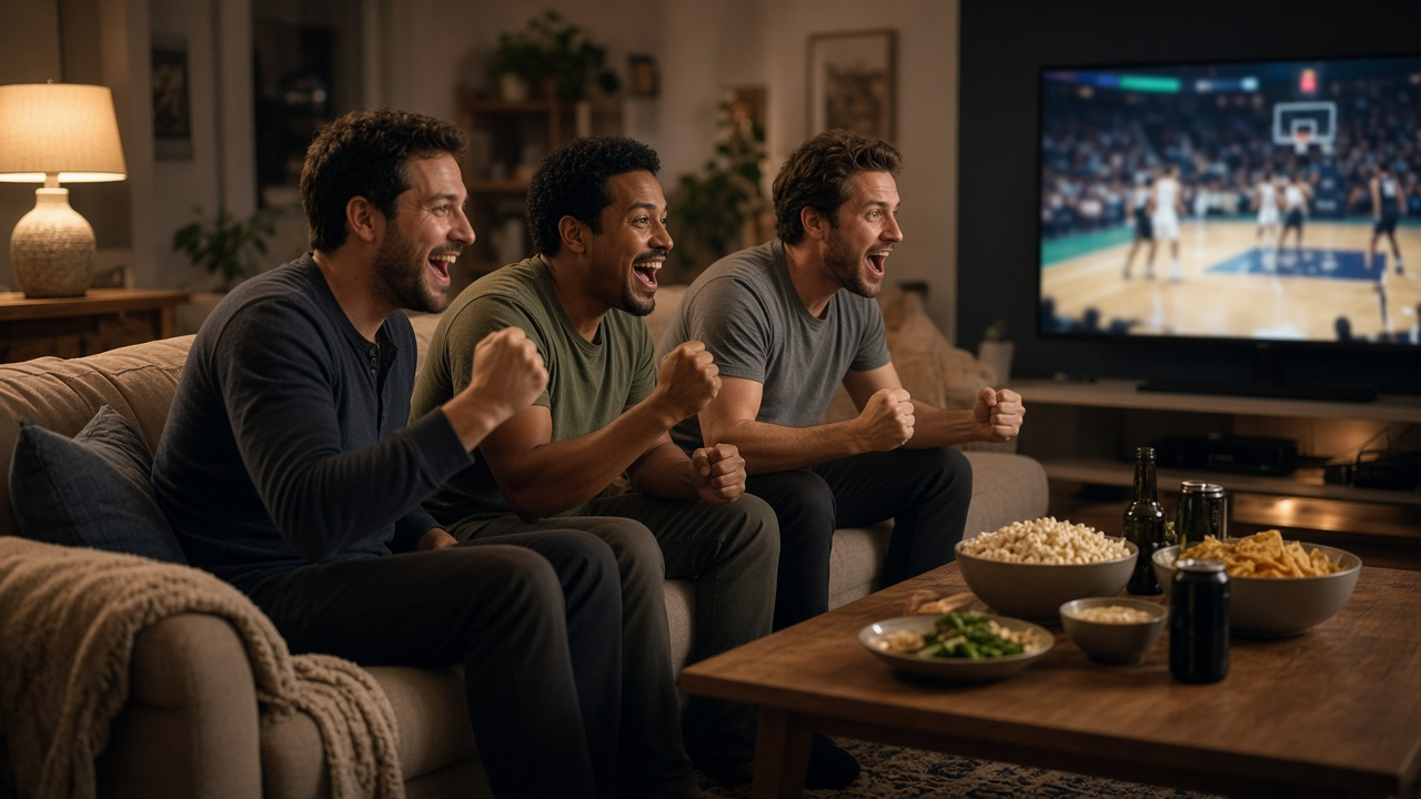 Basketball fan in a living room watching a blurred NBA-style game on a large TV with friends, evening light, no logos or readable text