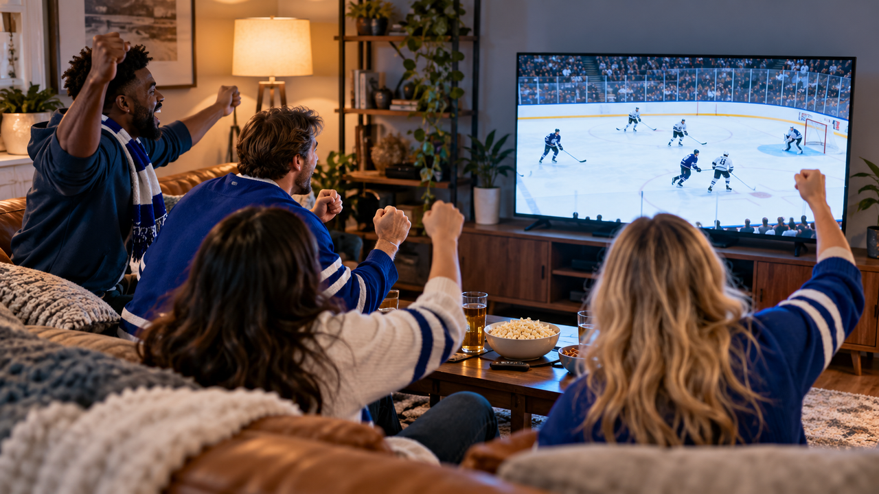 Hockey game on a living room TV with a streaming remote and a bowl of popcorn on the coffee table