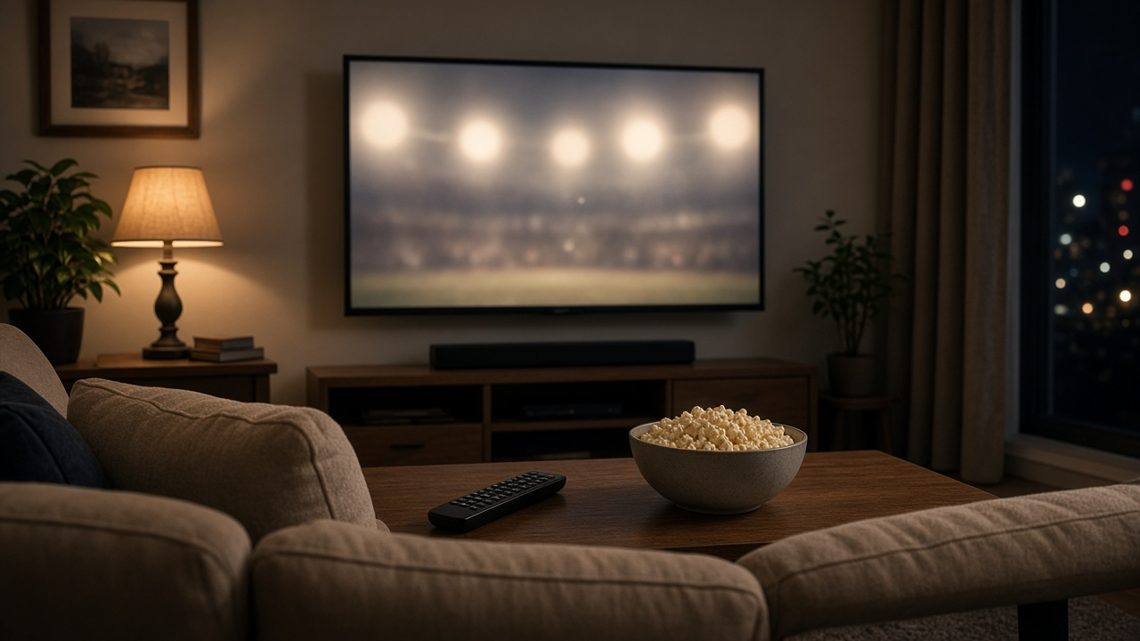 Living room TV area at night with a sofa, a remote on a coffee table and a bowl of popcorn, TV screen showing soft stadium lights glow, no people, no readable text or logos