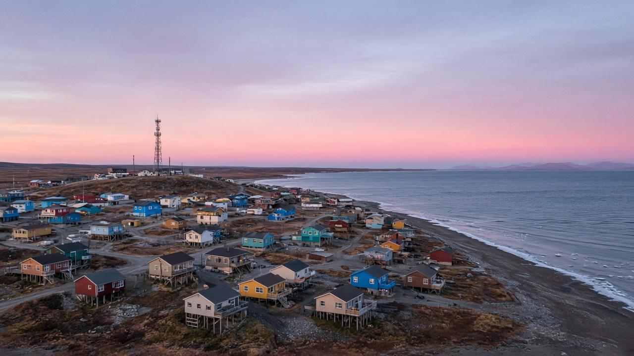 Remote Alaska coastal town in winter with snow-covered houses, a utility line running along a gravel road and a satellite dish on a roof under a pale sky, no logos
