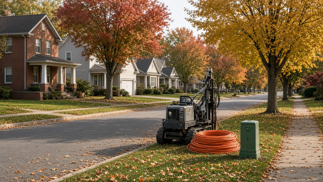 Underground fiber construction with orange conduit and a drill rig on a suburban Missouri street lined with autumn trees