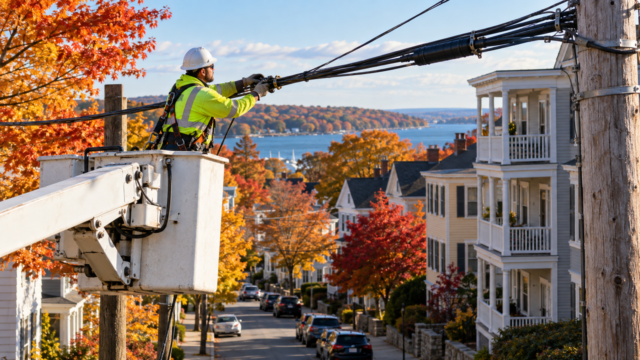 Fiber-optic cable being strung on utility poles along a New England residential street lined with older wood-frame houses in fall