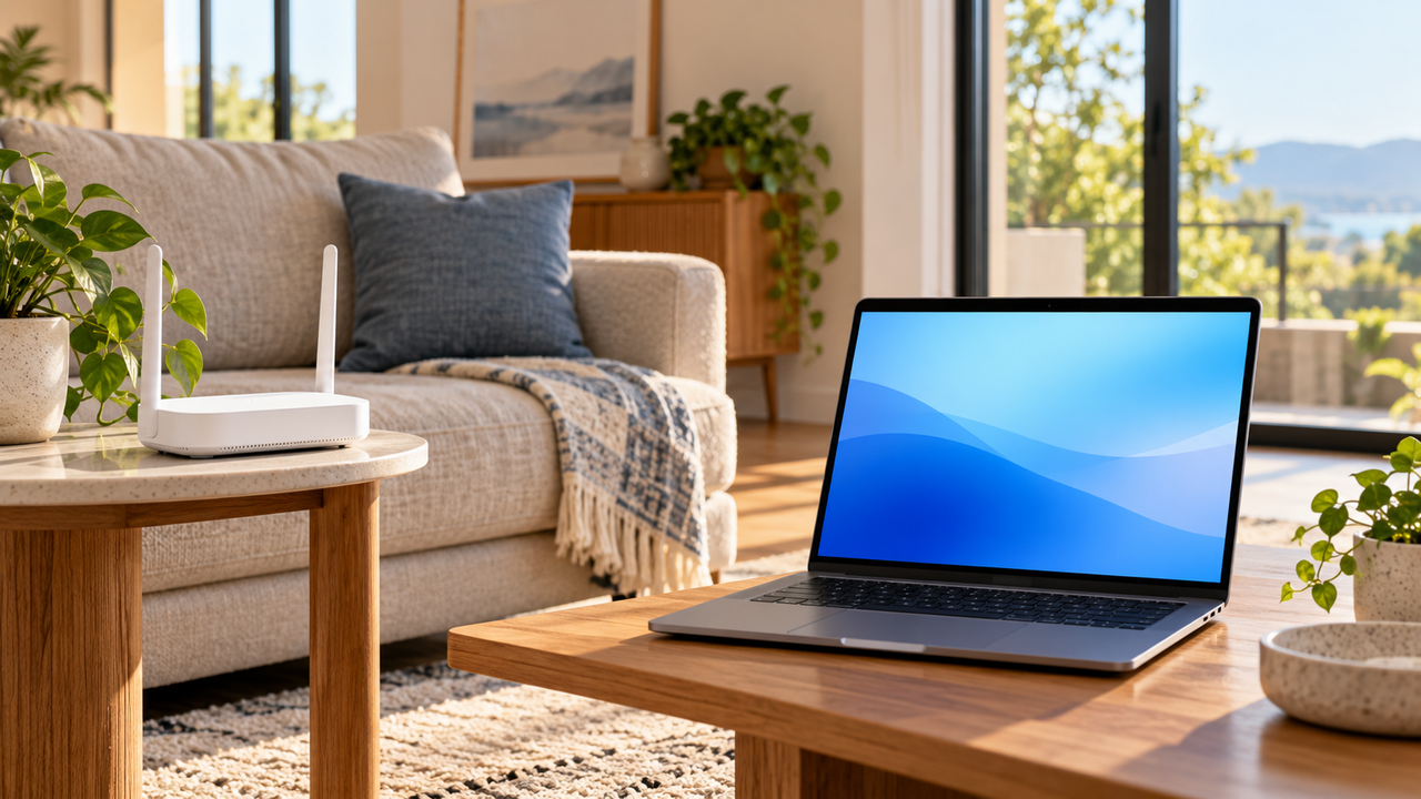 Wi-Fi router and laptop in a bright empty living room