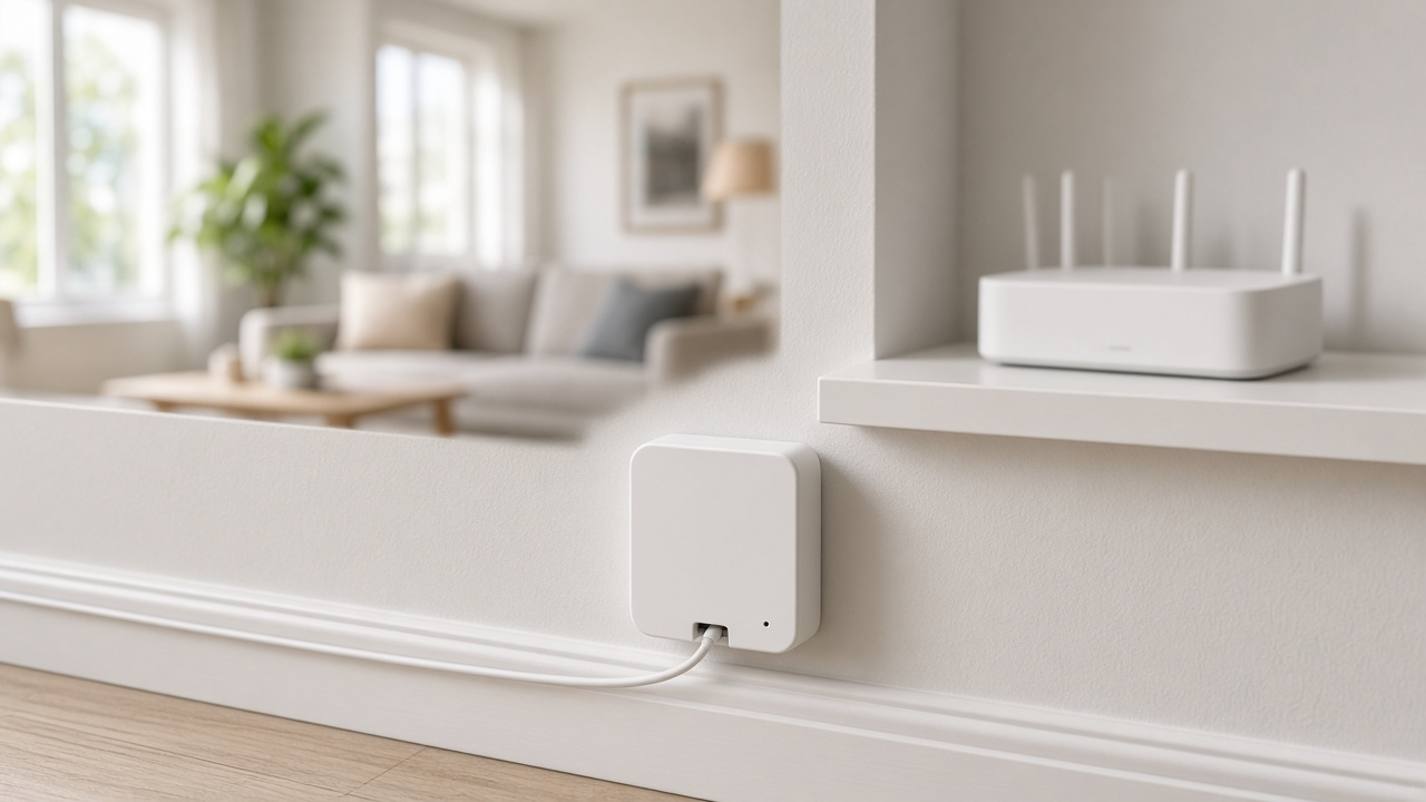 Fiber optic cable entering a home wall jack next to a white Wi-Fi router on a shelf in a bright living room