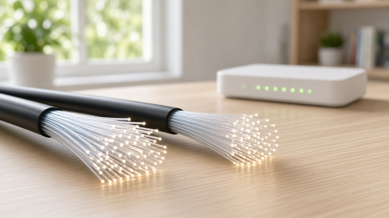 Two fiber optic cables with glowing tips side by side on a desk in a bright home office with a Wi-Fi router in the background