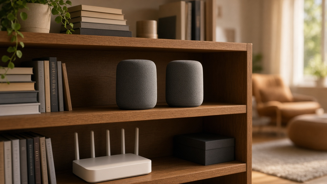 Two gray fabric smart speakers set as a stereo pair on a wooden bookshelf with a white Wi-Fi router on the shelf below