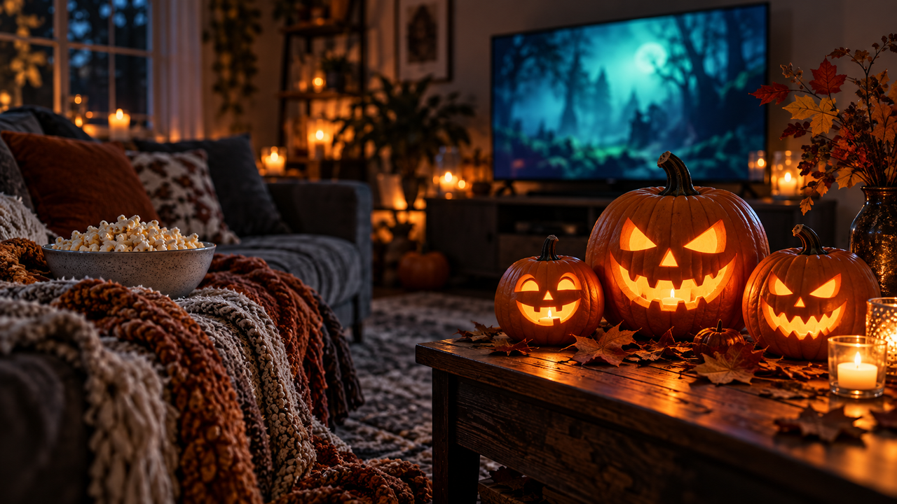 Jack-o-lanterns glowing beside a couch with a blanket and popcorn in front of a TV on Halloween night